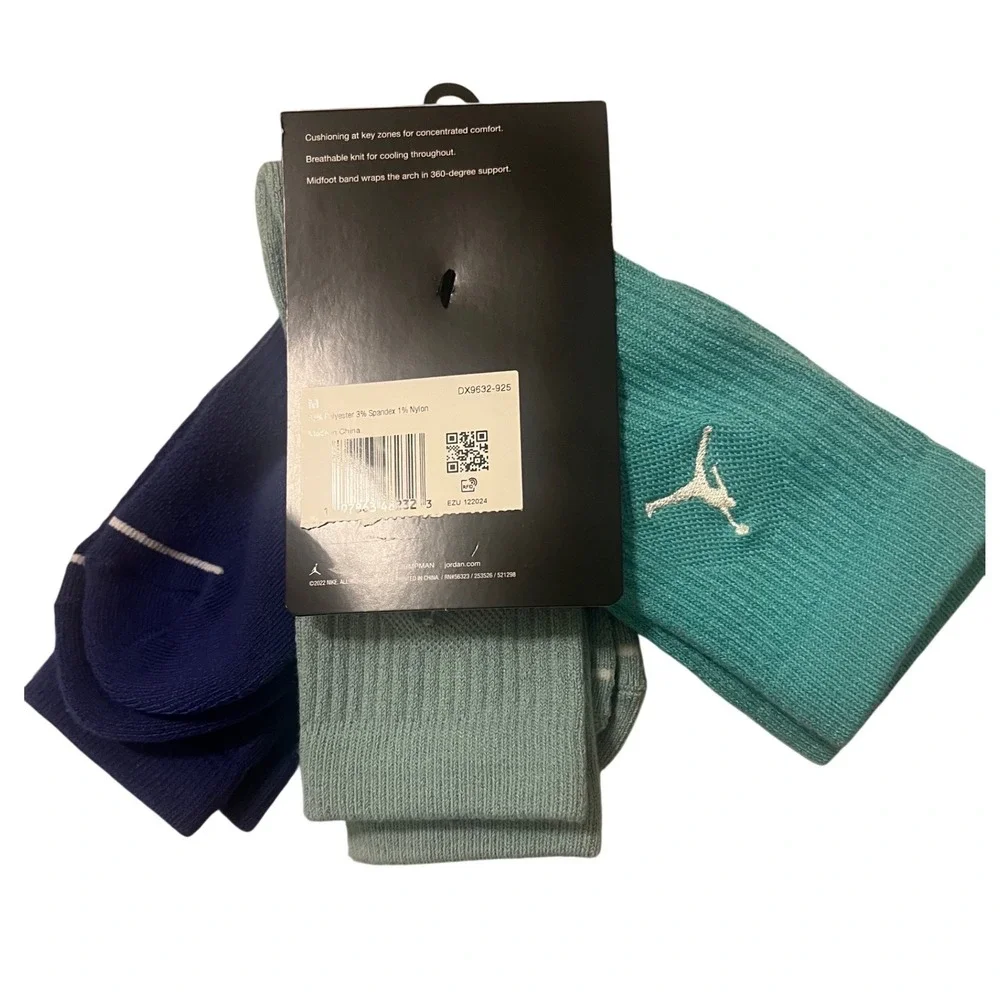 Jordan Everyday Crew Socks Mens‎ S Blue Green New Dri-Fit Cushioned 3-Pack
